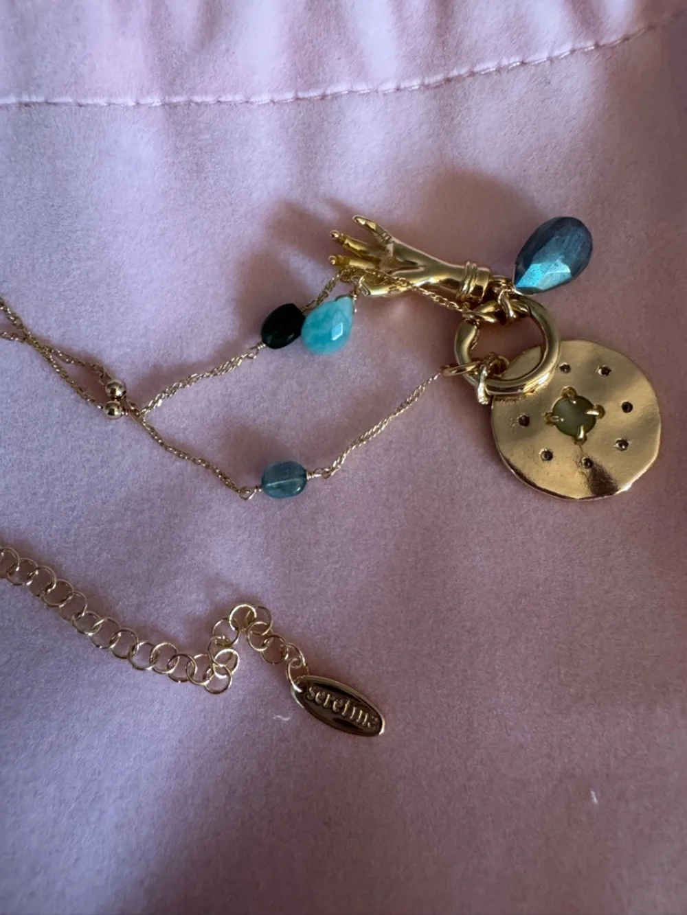 Gold Pendant Necklace with Green and Teal Gem Accents - Picture 3 of 4